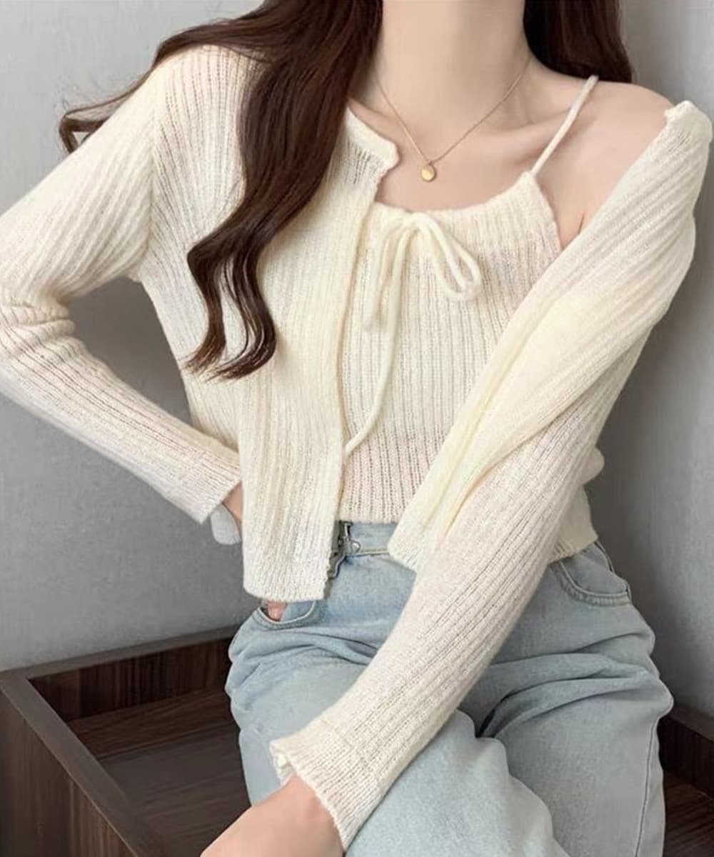大人かわいい服 韓国風リボンニットカーディガンキャミソール二点セットトップス
