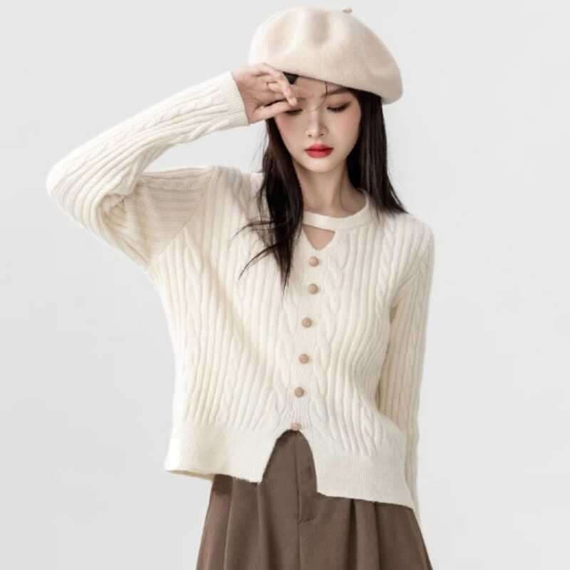 大人かわいい服 カットアウトデザイン リブカーディガン
