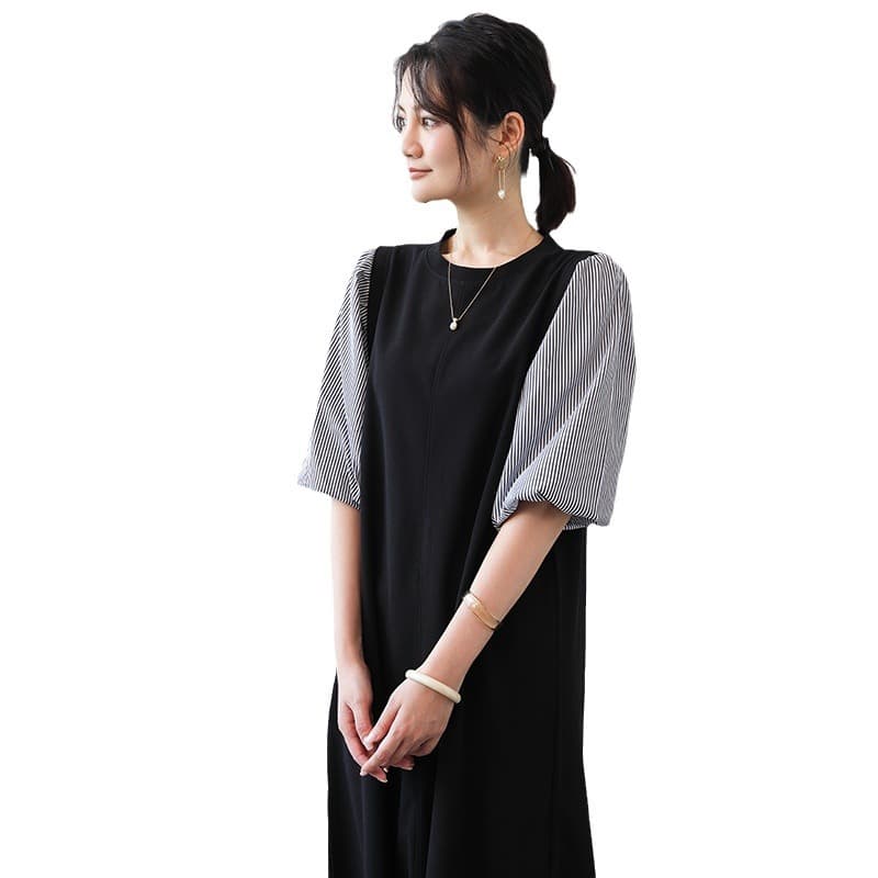 大人かわいい服 異素材パフスリーブ切替ミディ丈ワンピース