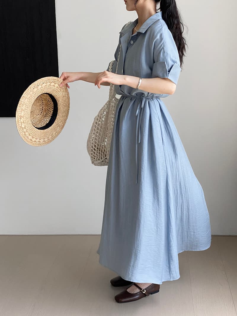 大人かわいい服 麻風合いシャツ襟ロングワンピース
