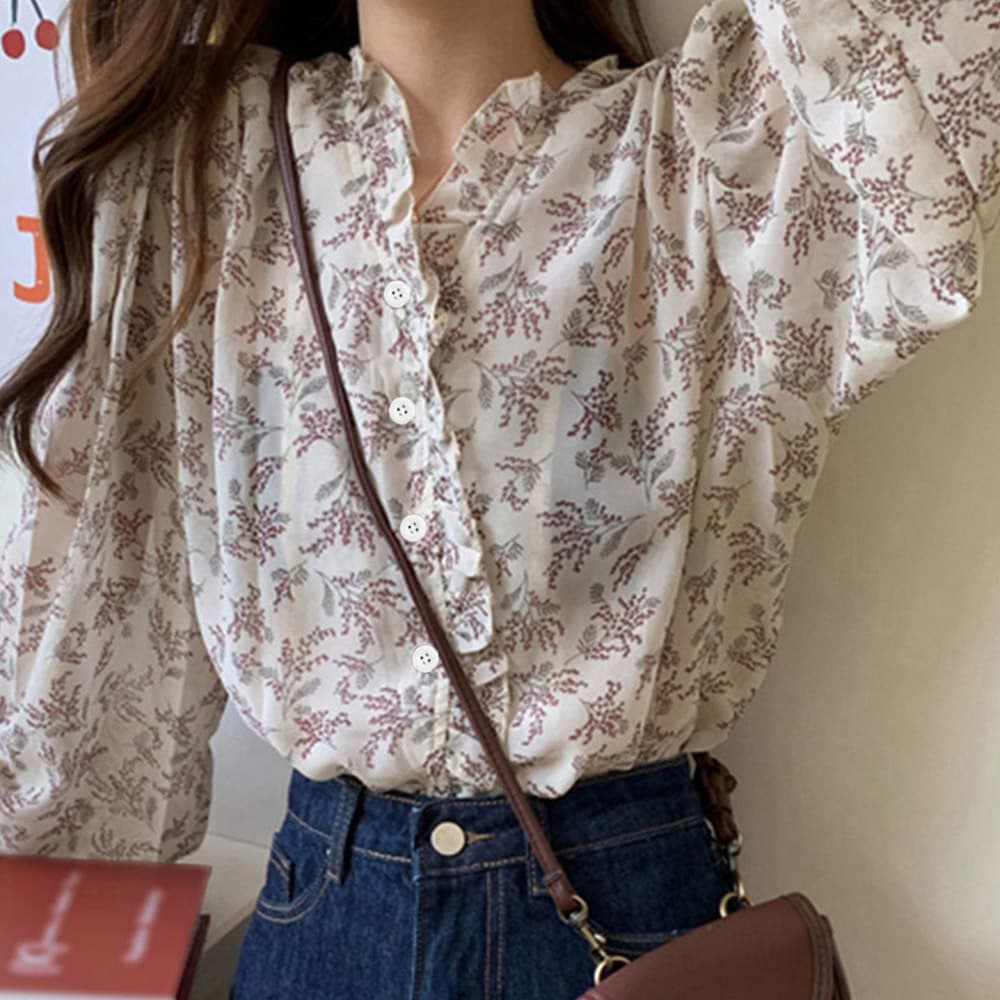 大人かわいい服 上品フリル 花柄シースルートップス