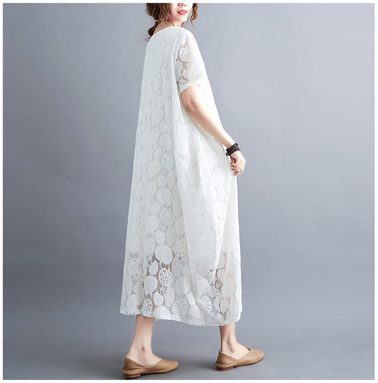 大人かわいい服 花模様レース透かしゆったりワンピース