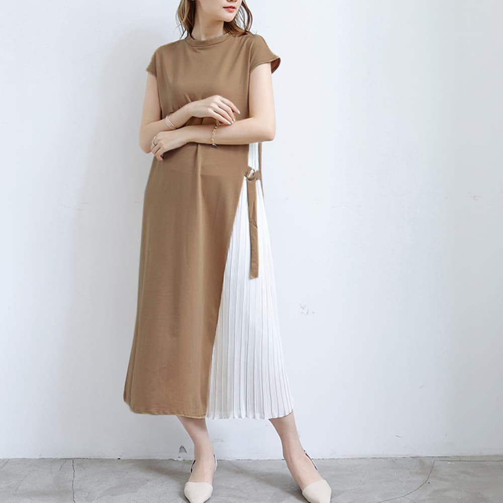 大人かわいい服 サイドプリーツ バイカラー ロングワンピース