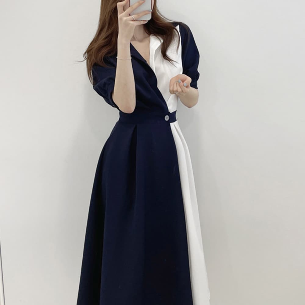 大人かわいい服 バイカラーシャツワンピース ミモレ丈 大人スタイル