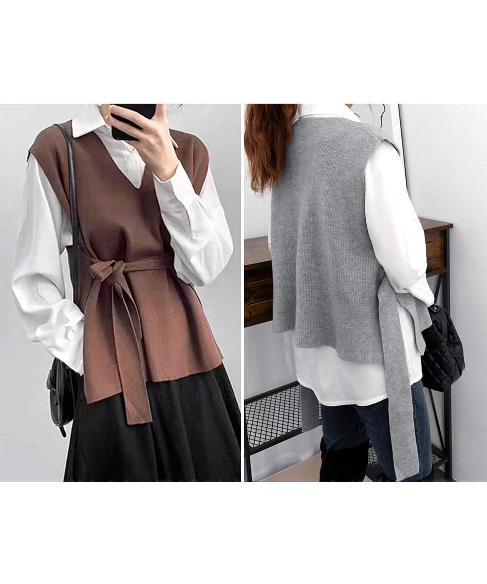 大人かわいい服 大人可愛いVネックベルト付きニットベスト