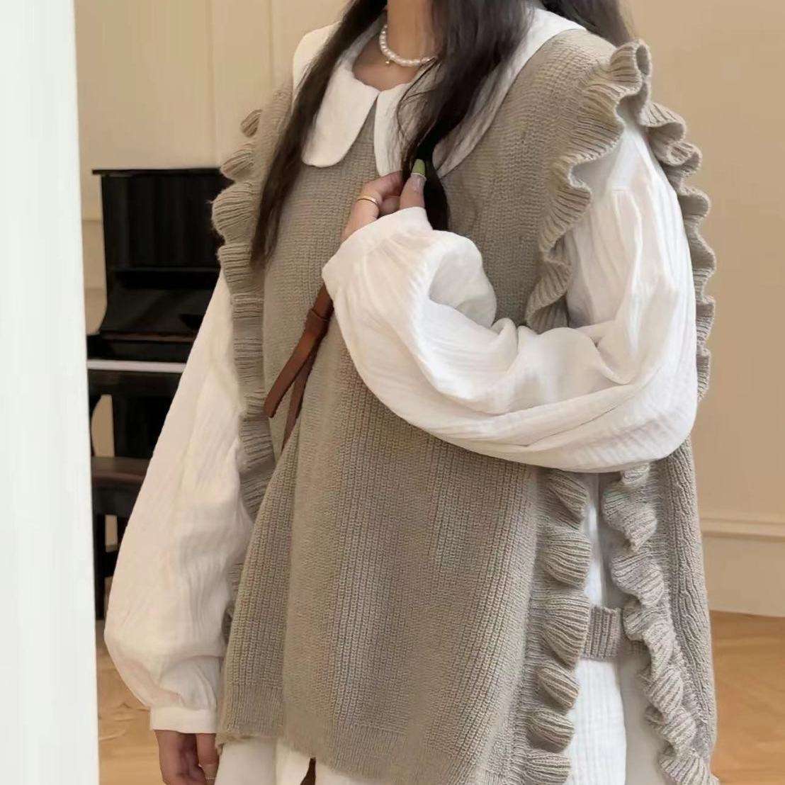 大人かわいい服 シフォン×ニットのフリルコーデセット