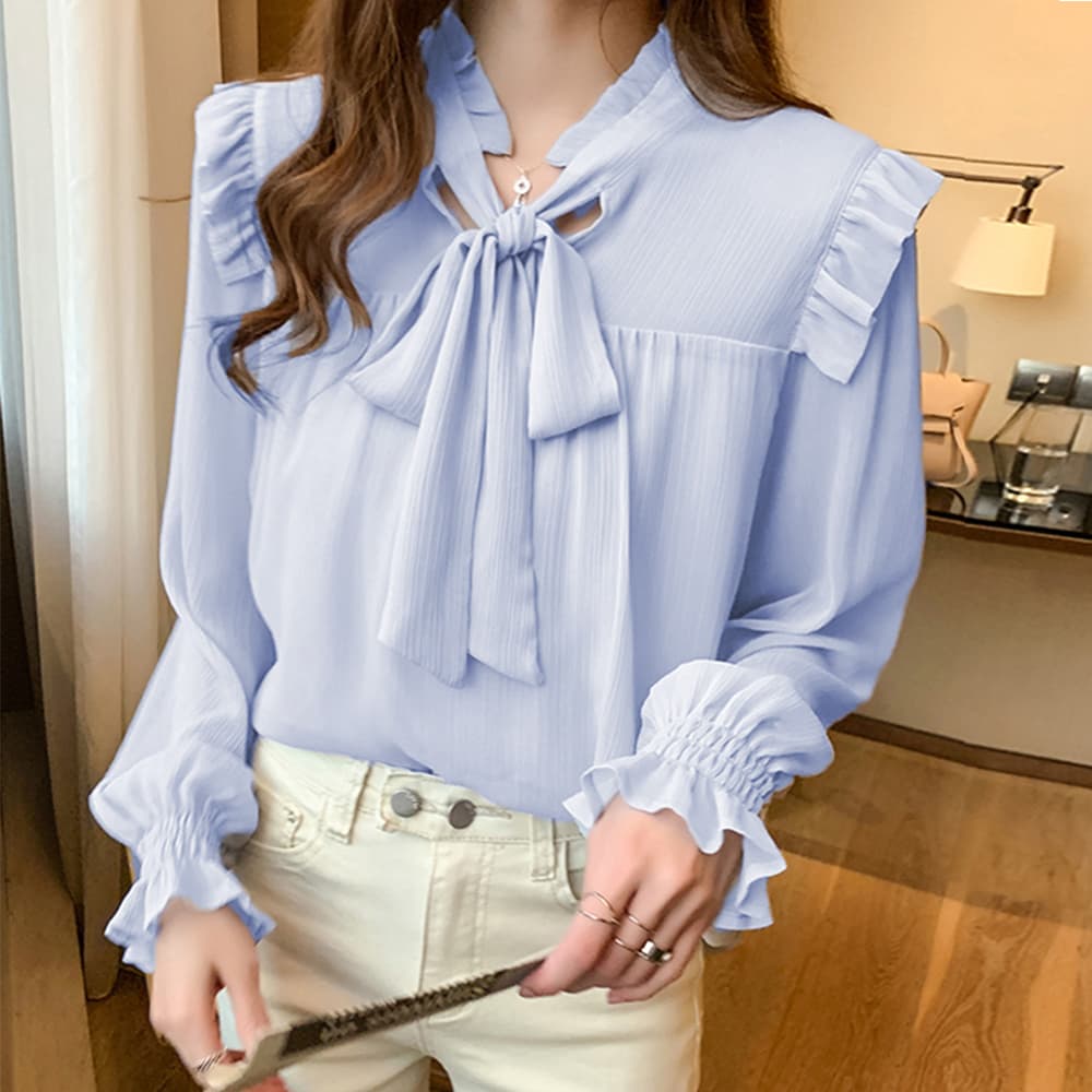 大人かわいい服 フリルリボン シアートップス 長袖ブラウス