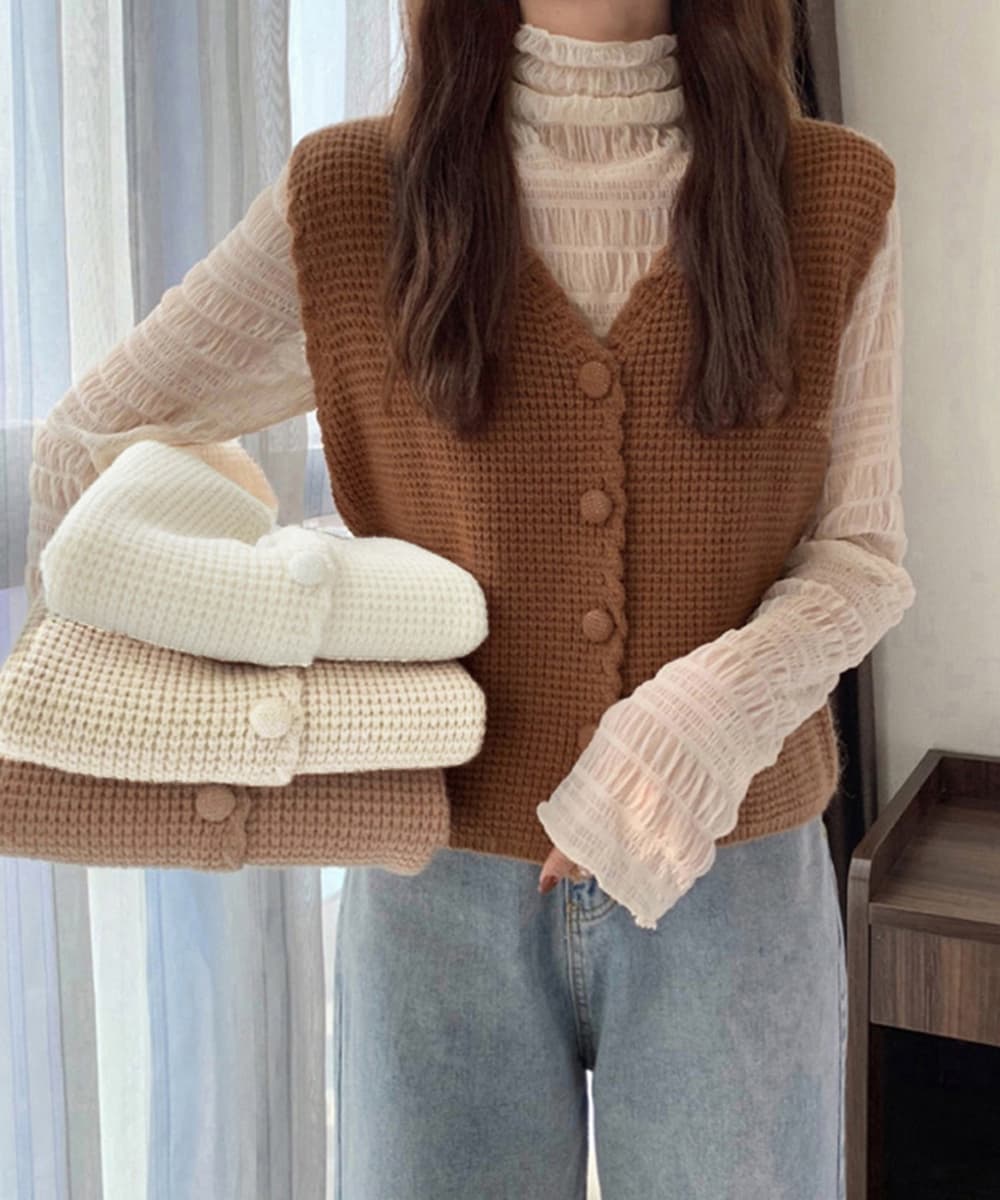 大人かわいい服 ニット風ベスト 深めブイネック レディース トップス ジレ