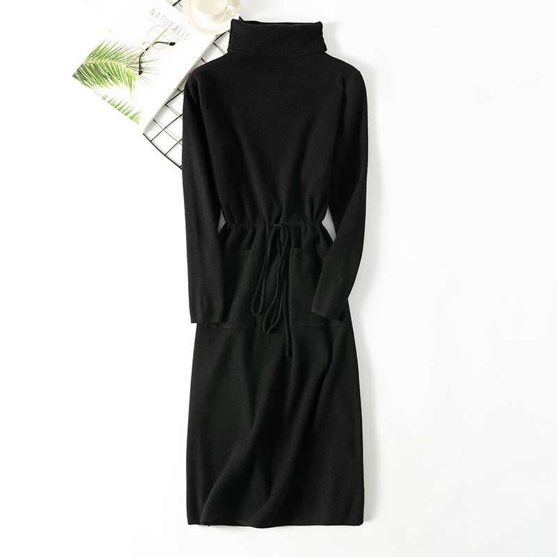 大人かわいい服 リボンベルトタートルネックニットワンピース