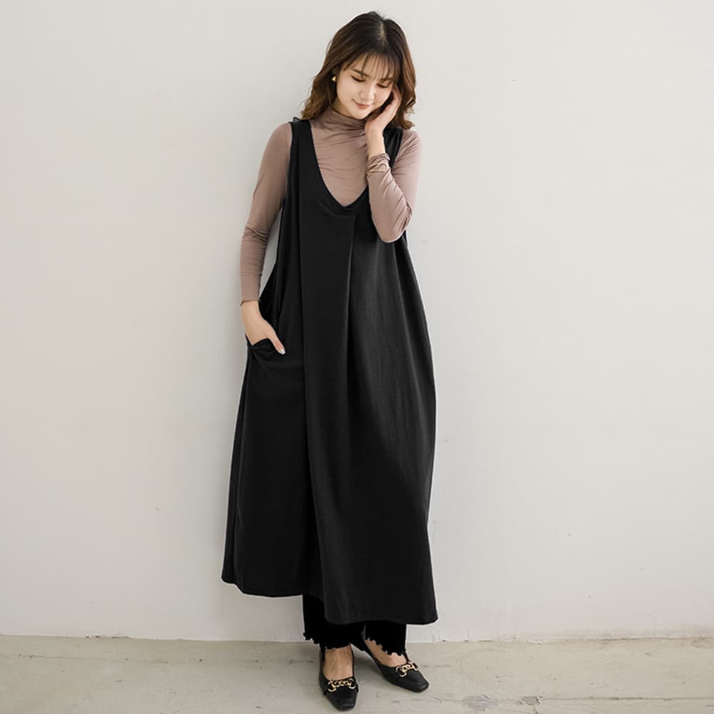 大人かわいい服 Vネックジャンパースカート ロングワンピース 秋冬