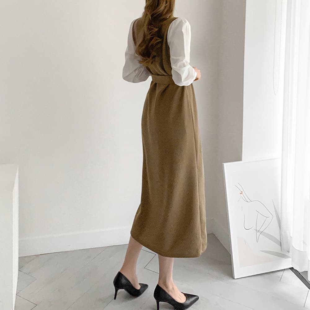 大人かわいい服 パフスリーブ バイカラー ニットワンピース