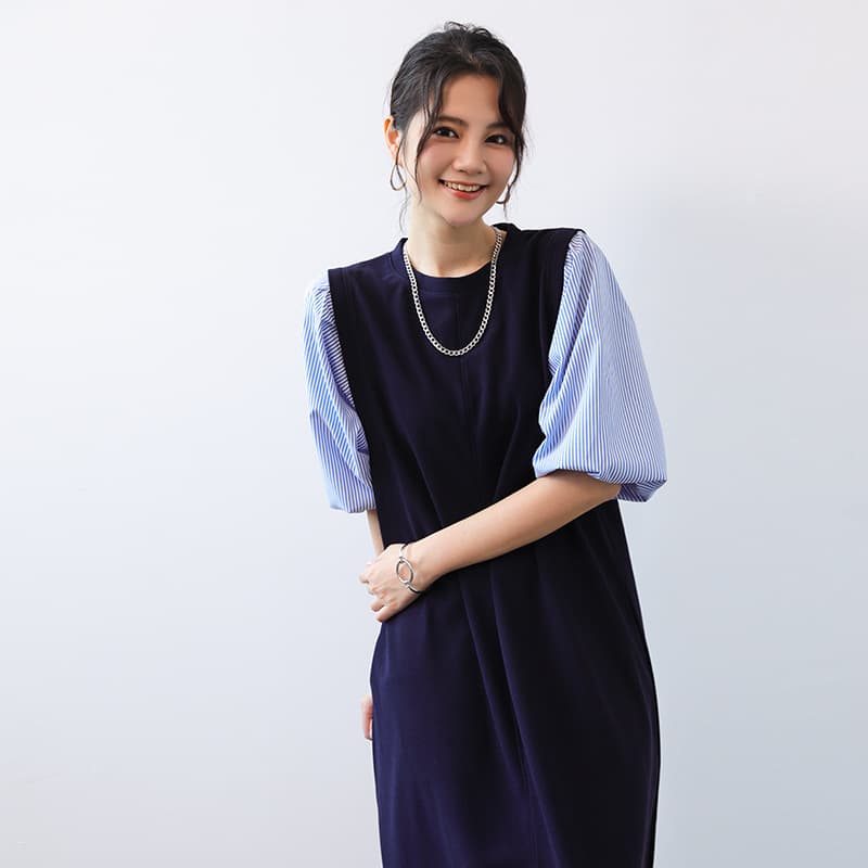 大人かわいい服 異素材パフスリーブ切替ミディ丈ワンピース