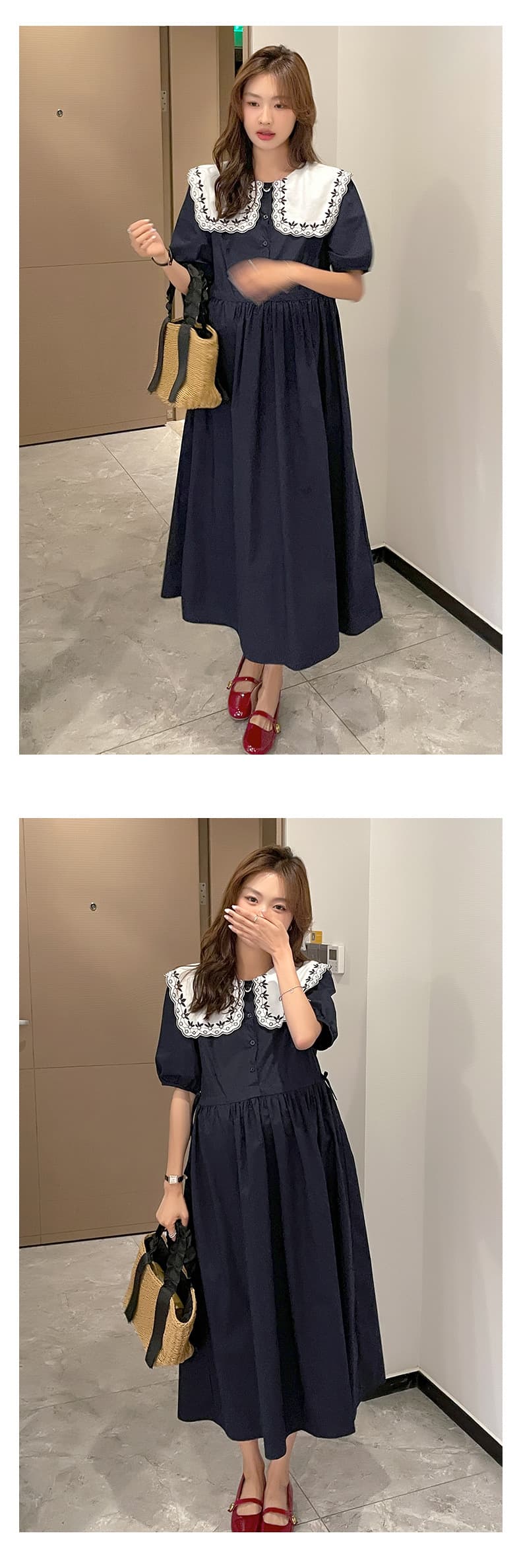 大人かわいい服 刺繍レース襟付きパフスリーブワンピース