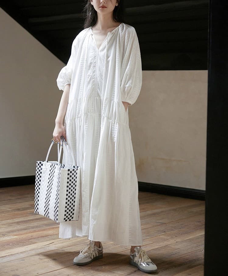 大人かわいい服 フレンチシックリボン＆ギャザーロングワンピース