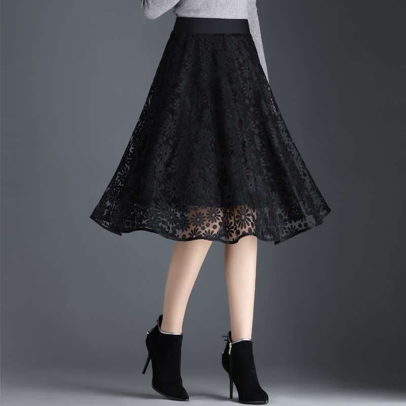 大人かわいい服 花柄レース フレアスカート