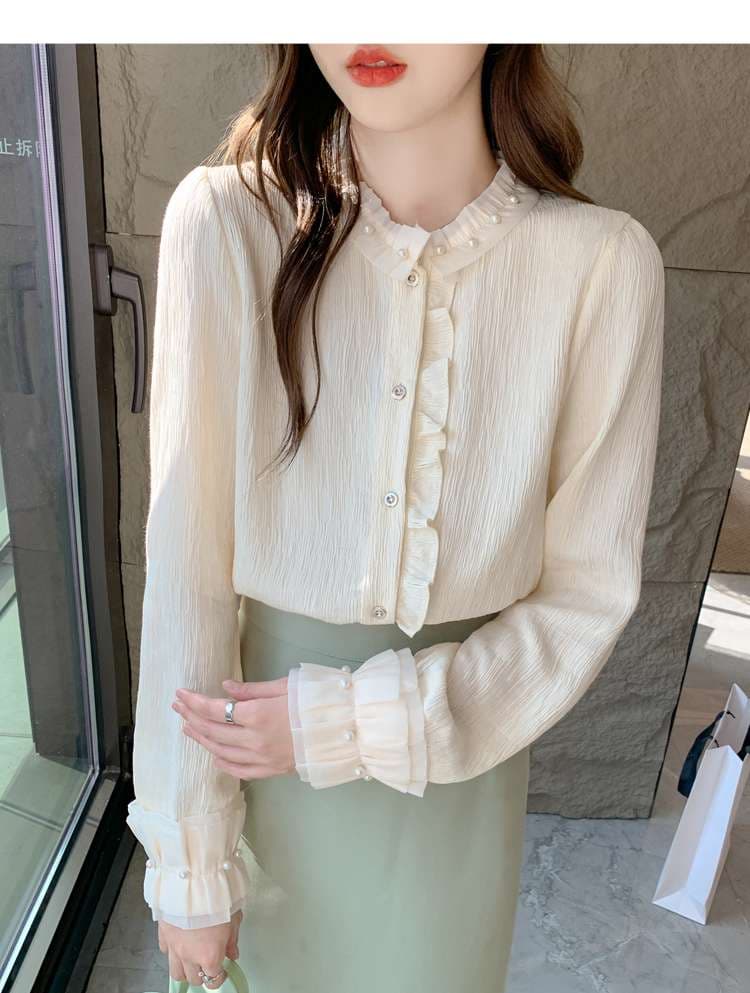 大人かわいい服 クラシカルフリルカラー長袖ブラウス