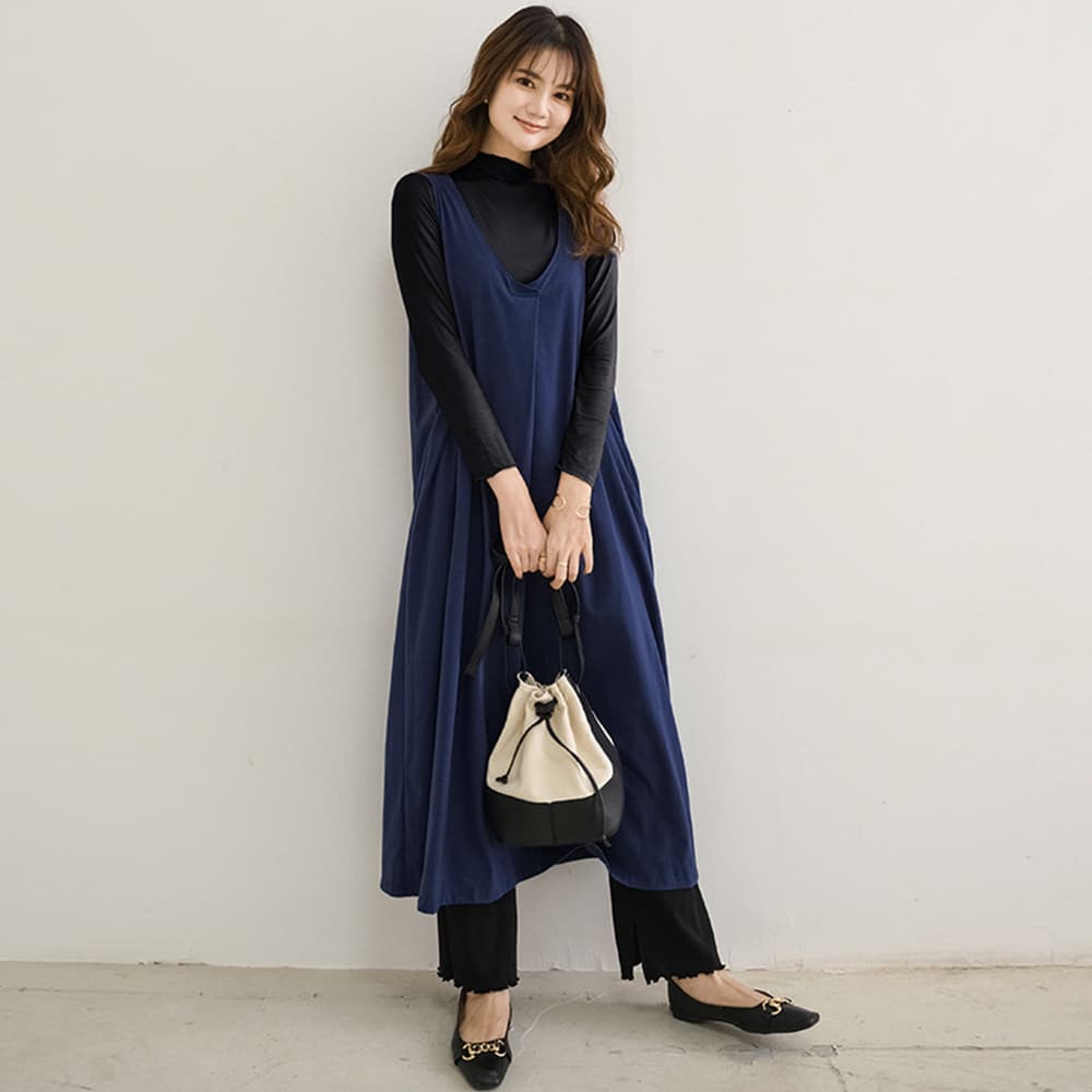 大人かわいい服 Vネックジャンパースカート ロングワンピース 秋冬