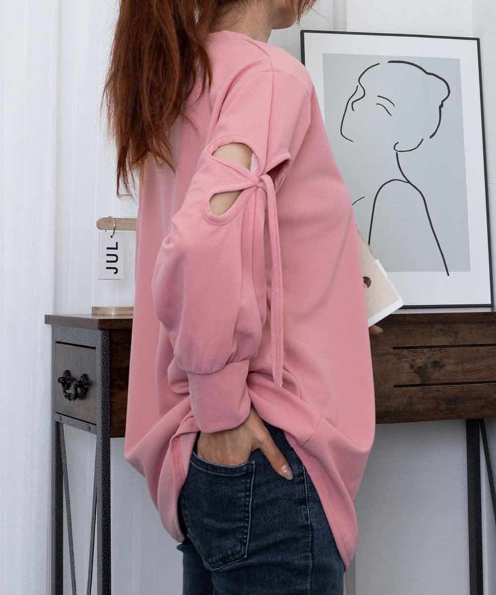 大人かわいい服 袖リボンカットソー ゆったりトップス 体型カバー