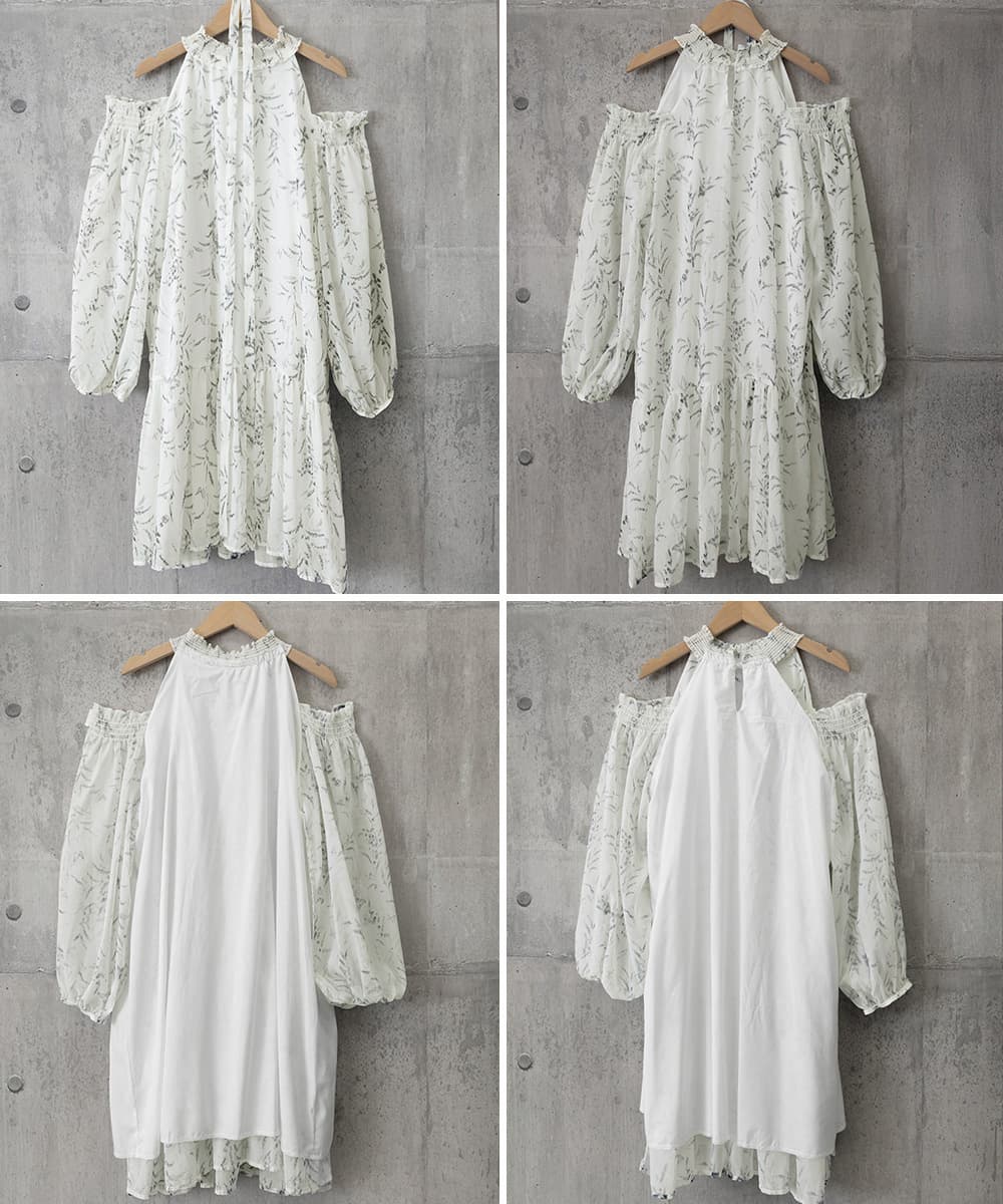 大人かわいい服 肩見せ 花柄フリルティアードワンピース