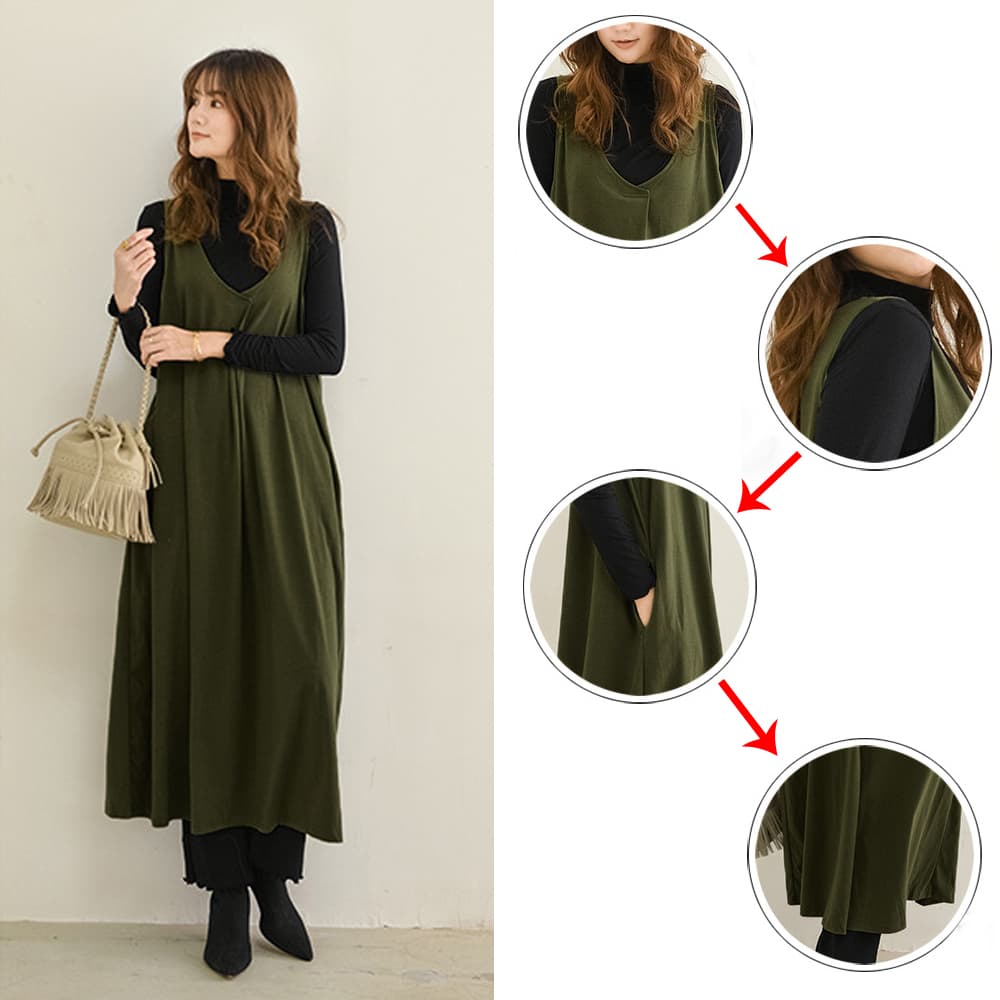 大人かわいい服 Vネックジャンパースカート ロングワンピース 秋冬