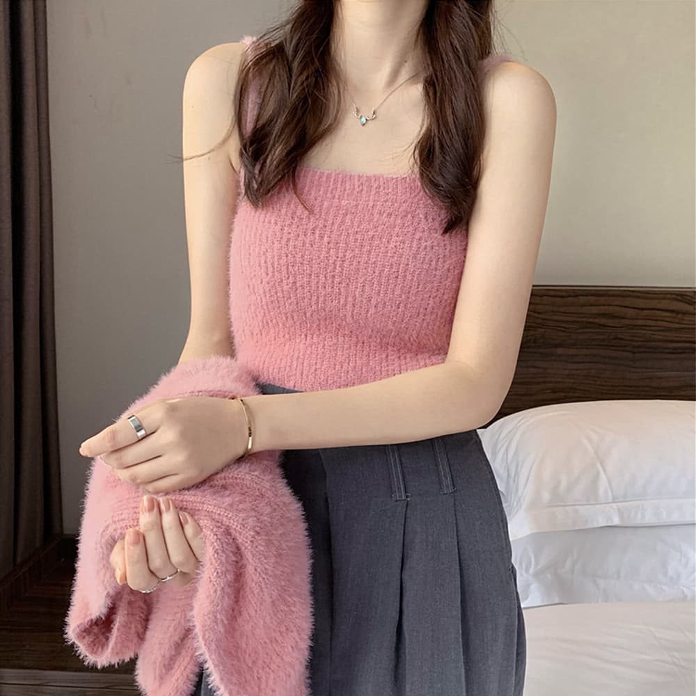 大人かわいい服 ふわもこニットカーディガン キャミソールセット 全5色