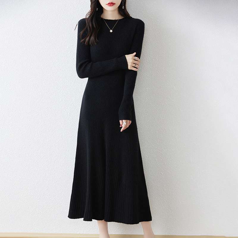 大人かわいい服 美シルエットリブニットロングワンピース