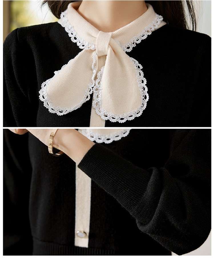 大人かわいい服 レース襟付きリボンニットワンピース
