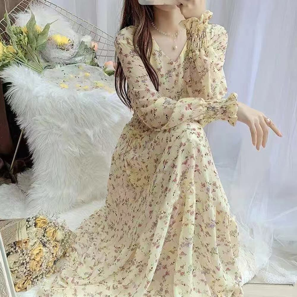 大人かわいい服 花柄シャーリングウエスト ロングワンピース
