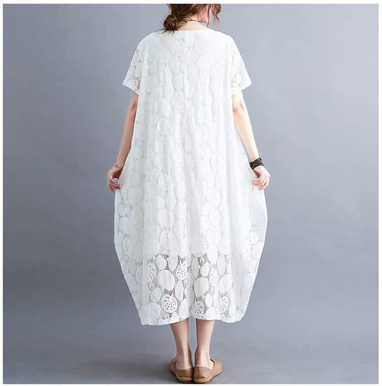 大人かわいい服 花模様レース透かしゆったりワンピース