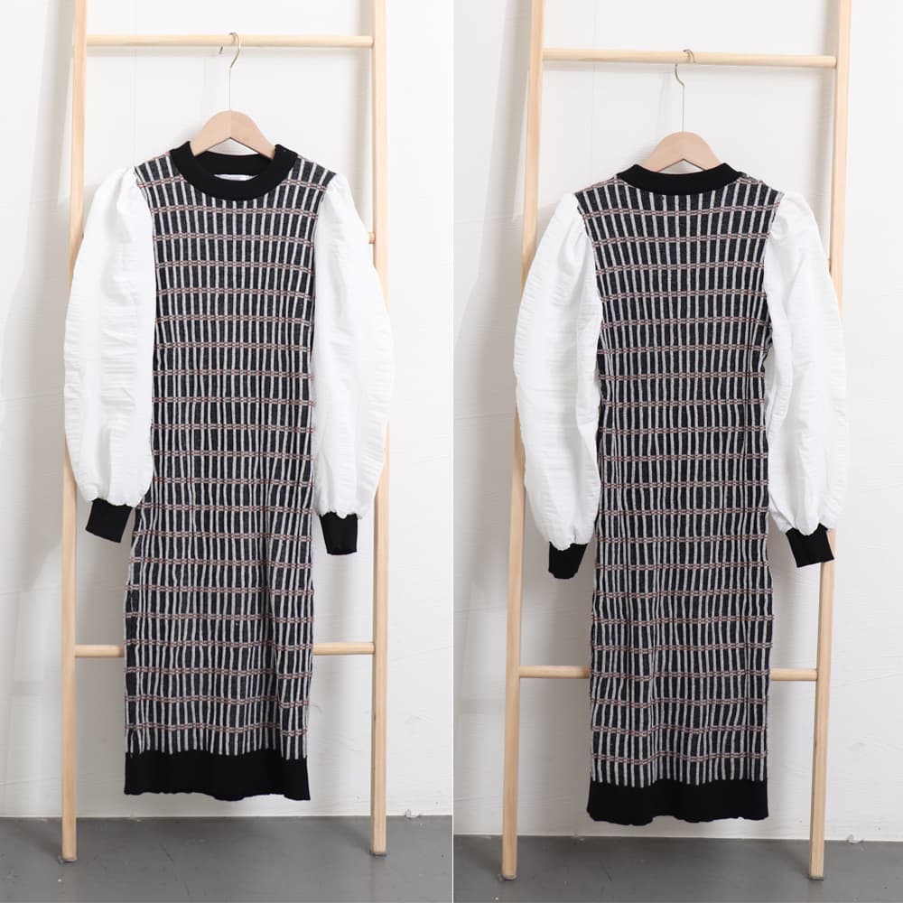 大人かわいい服 パフスリーブ 袖異素材 ニットワンピース