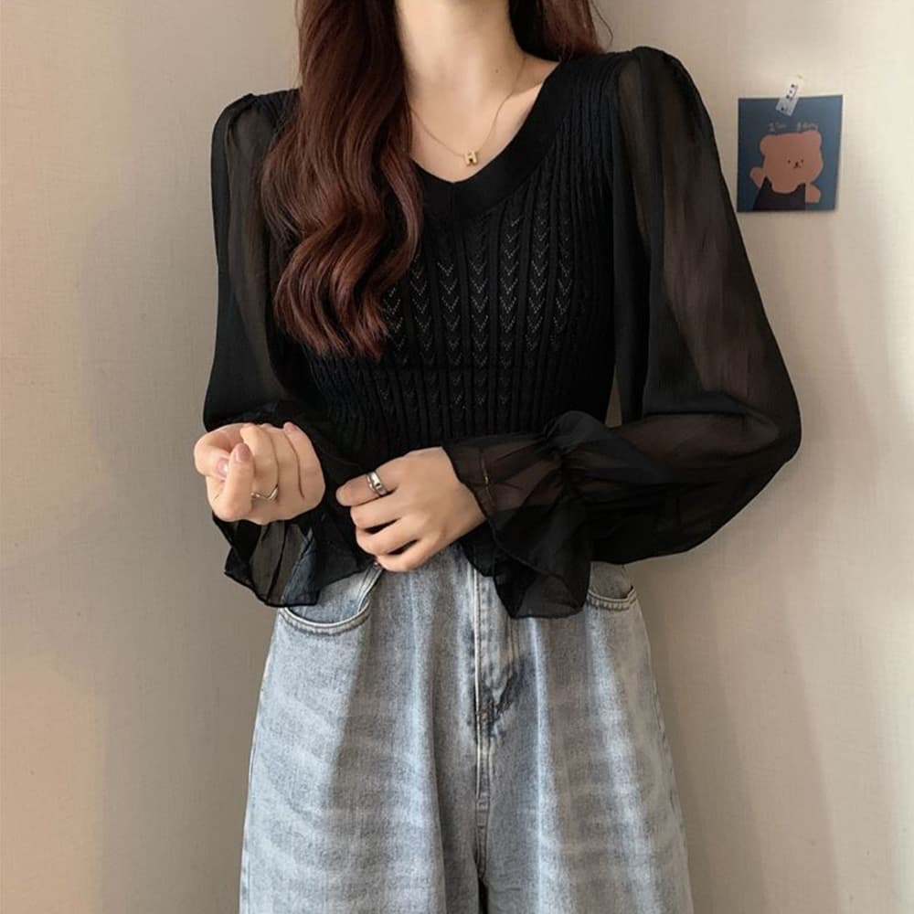 大人かわいい服 ふんわりシフォン袖 ケーブル編みニットトップス