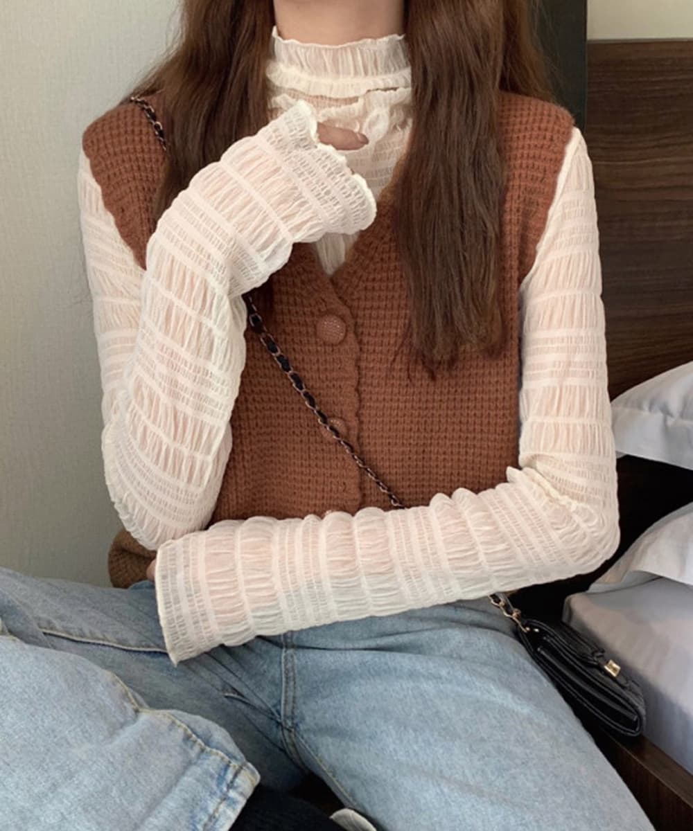 大人かわいい服 ニット風ベスト 深めブイネック レディース トップス ジレ