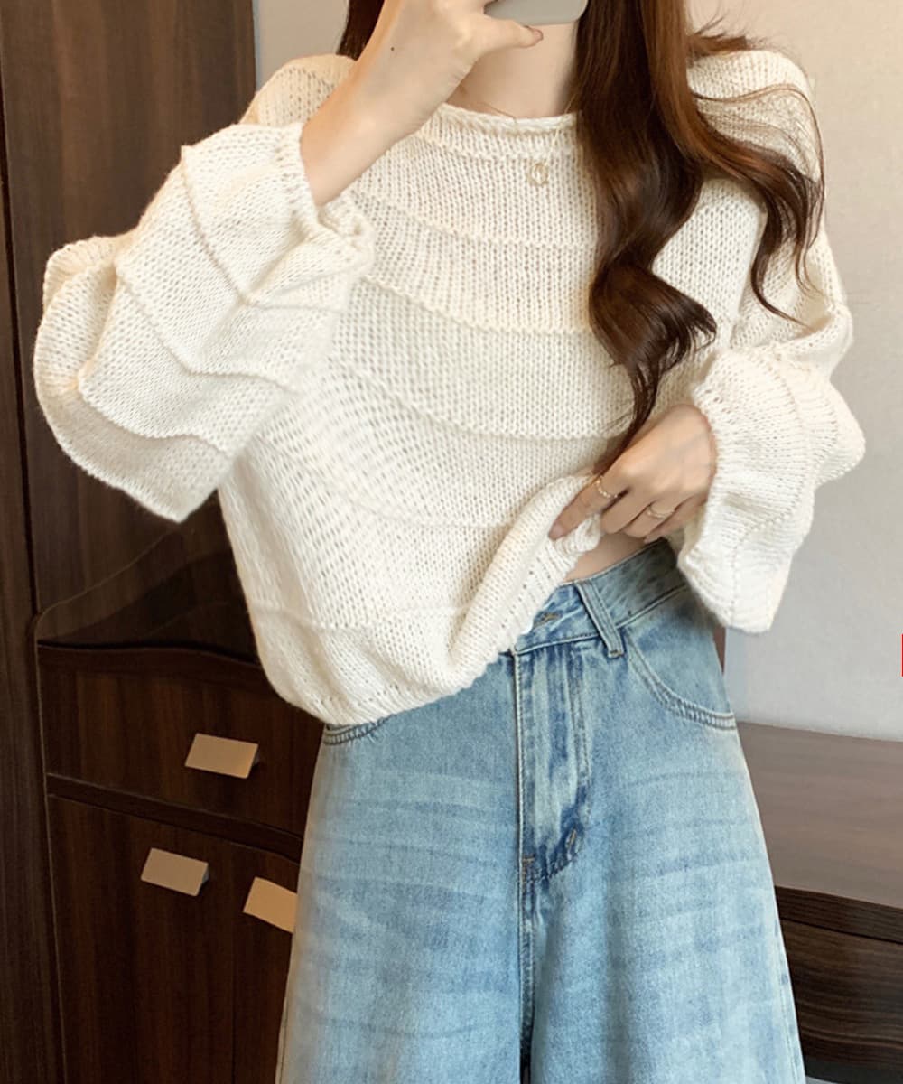 大人かわいい服 秋冬 ふんわり袖 レディースニットトップス