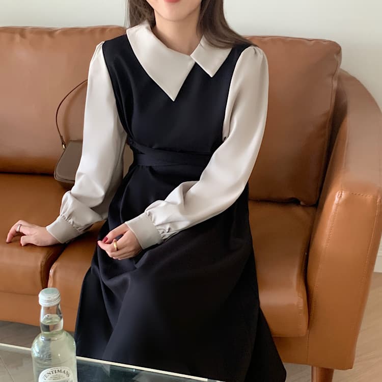 大人かわいい服 フレンチスタイル 配色襟レイヤード風ワンピース