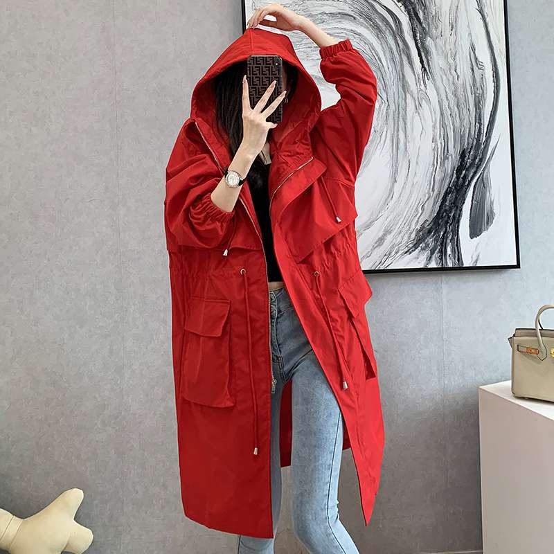 大人かわいい服 フード付きロングトレンチコート