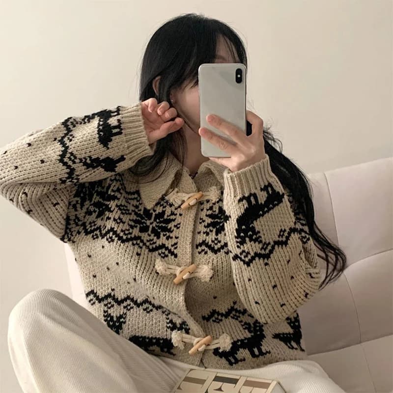 大人かわいい服  ノルディック柄ダッフルニットアウター