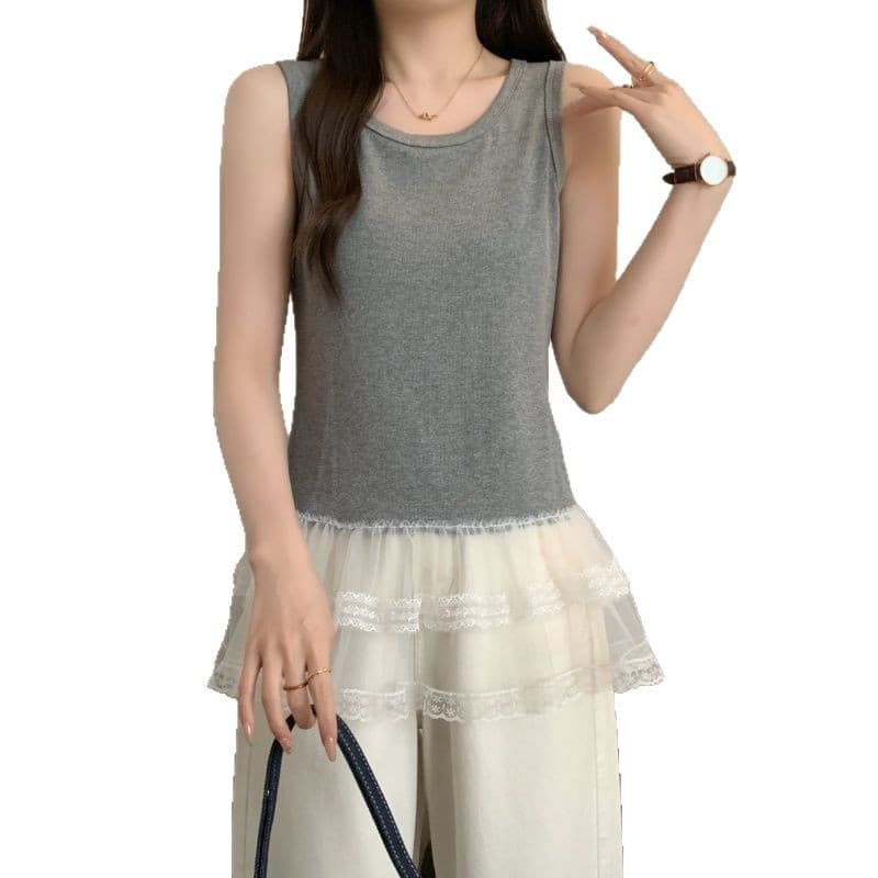 大人かわいい服 レース裾フリルタンクトップ