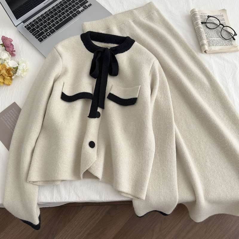 大人かわいい服 リボンタイ付きクラシカルニットセット