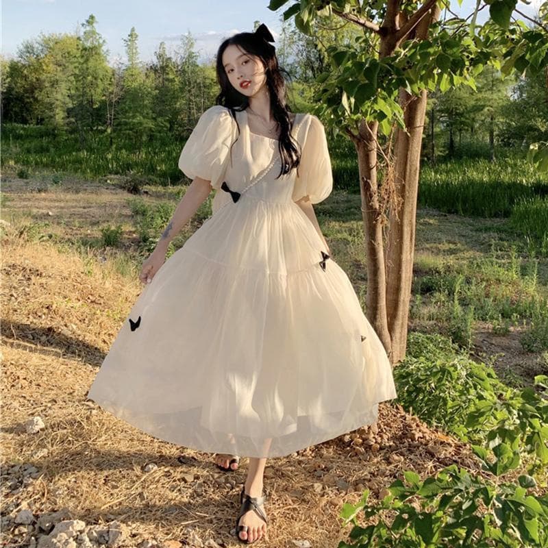 大人かわいい服 森ガールチュールワンピース リボン装飾