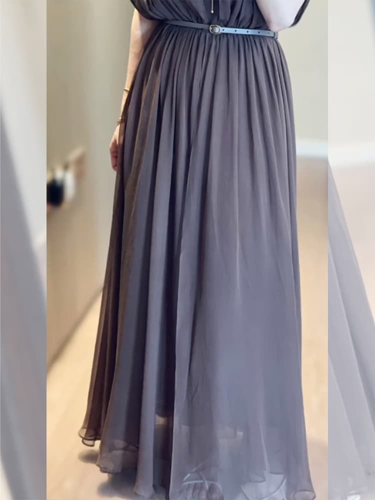 大人かわいい服 優美シフォン プリーツロングワンピ