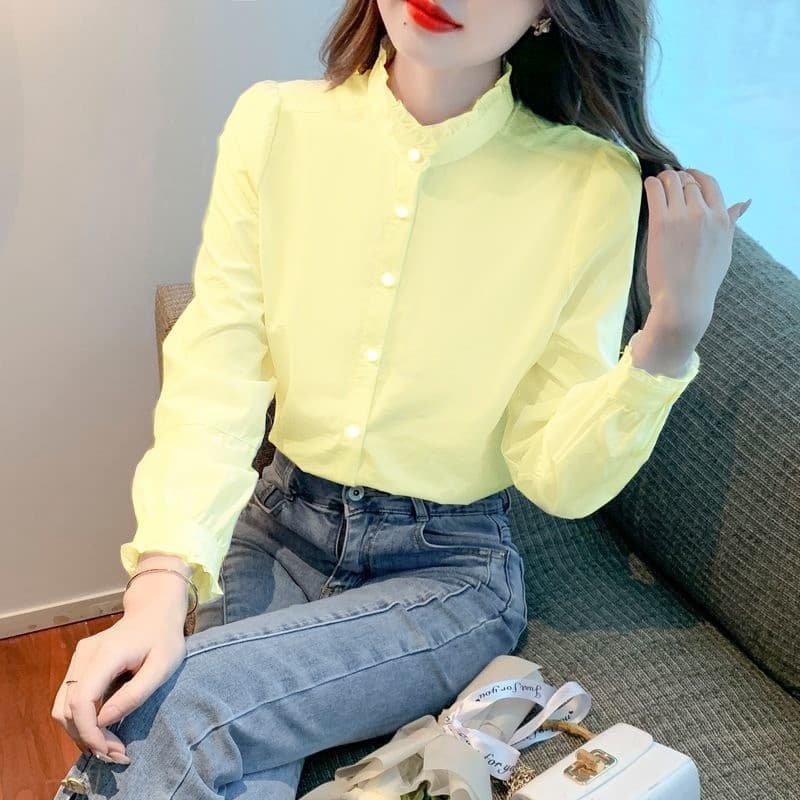 大人かわいい服 フリルスタンドカラーロングスリーブシャツ