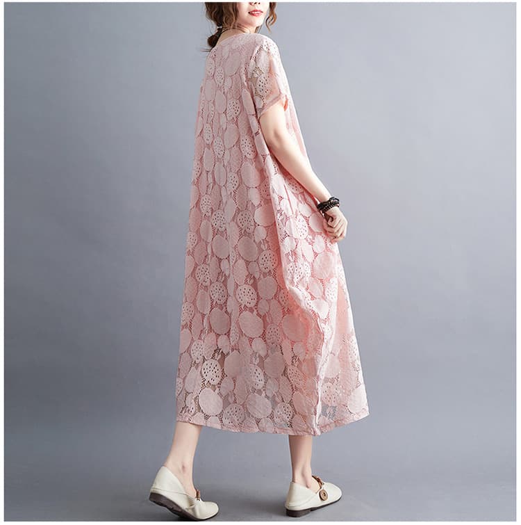 大人かわいい服 花模様レース透かしゆったりワンピース
