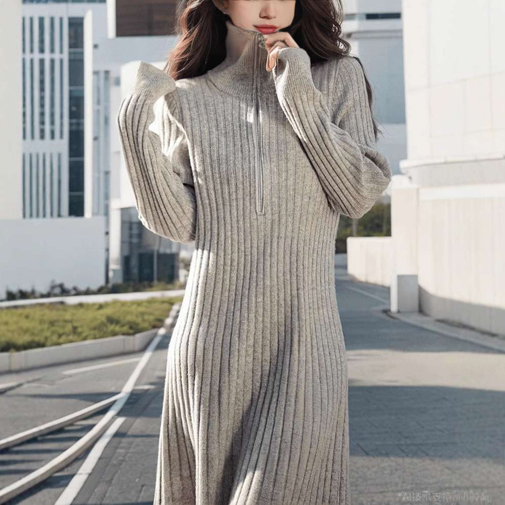 大人かわいい服 洗練シルエットリブニットハイネックワンピース