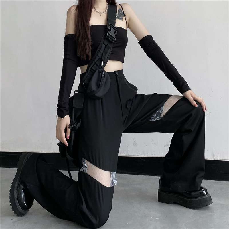 大人かわいい服 メッシュ切替ワイドパンツ
