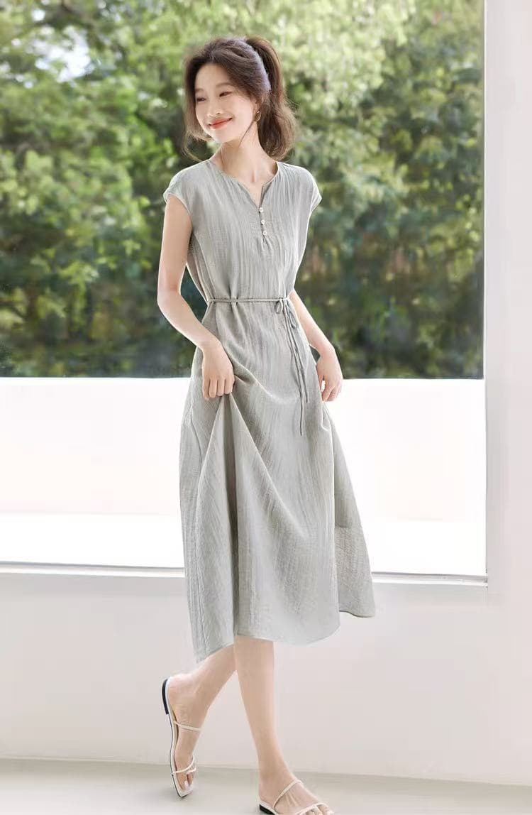 大人かわいい服 優美な風合い 麻調リラックスワンピース