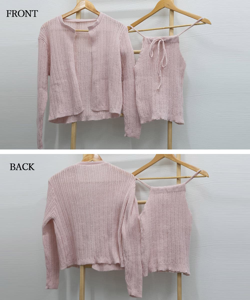 大人かわいい服 韓国風リボンニットカーディガンキャミソール二点セットトップス
