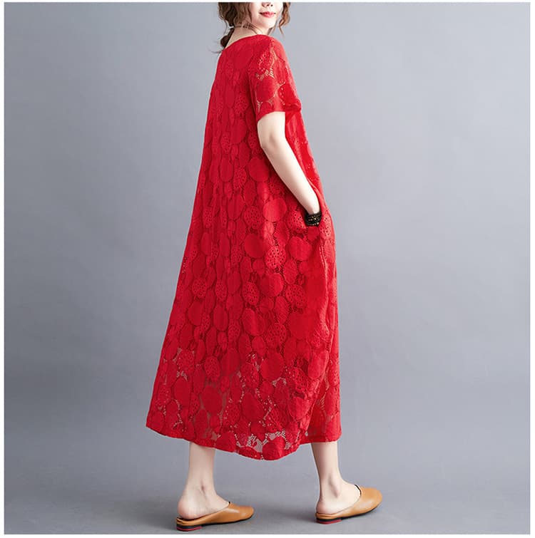 大人かわいい服 花模様レース透かしゆったりワンピース