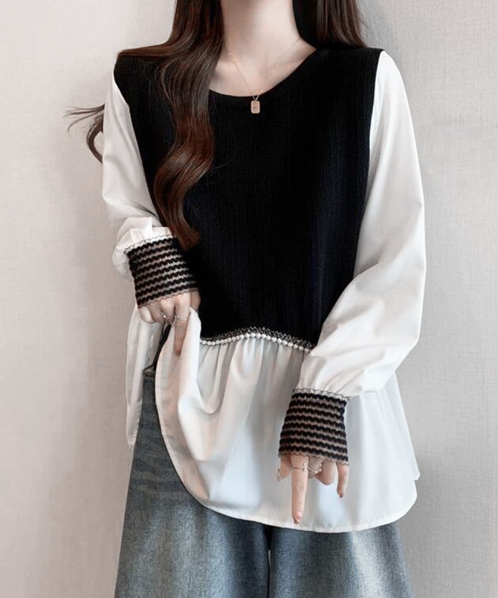 大人かわいい服 ニット切替え袖編み込みシャツブラウス長袖トップス