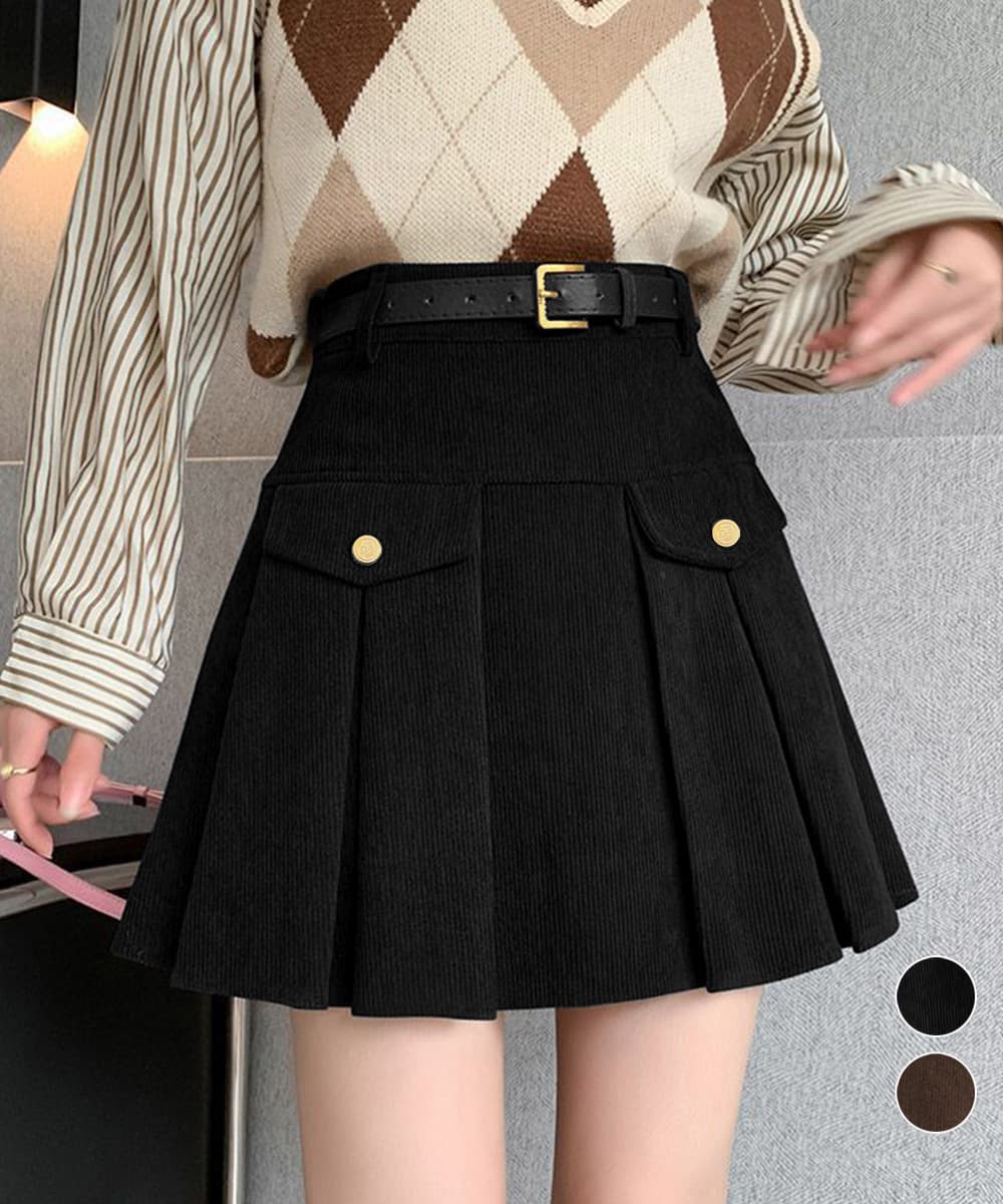 大人かわいい服 大人かわいい コーデュロイプリーツスカート ベルト付き
