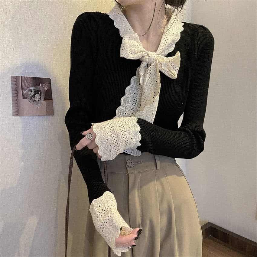 大人かわいい服 レース襟リボン付きリブニット長袖トップス